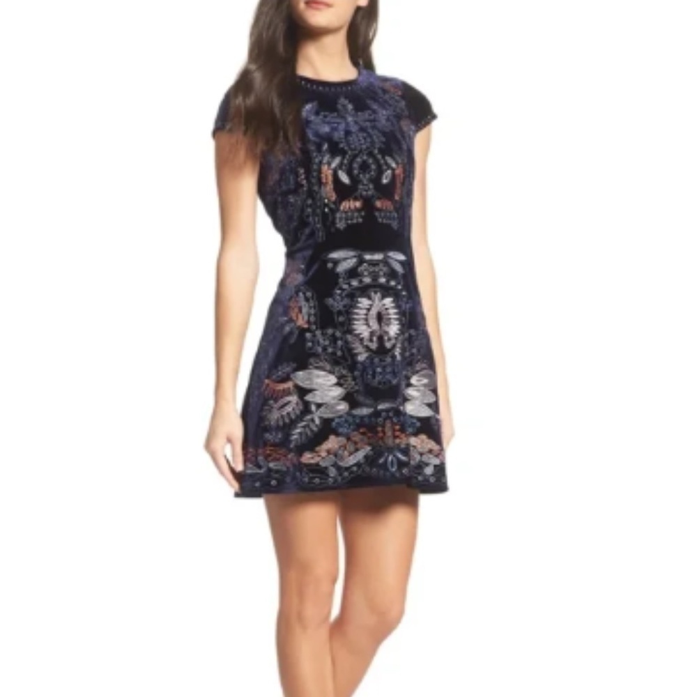 Anthropologie Foxiedox Blue Embroidered Short Sleeve Academia Mini Dress Sz. XXS